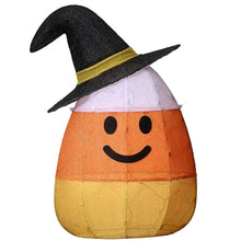 Pre-lit candy corn witch decoration with black hat, orange smile face, and yellow base
