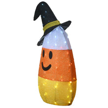 Pre-lit candy corn witch yard decoration with black witch hat and smiling face