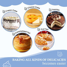 Assorted baked dessert slices in circular photo frames on a baking graphic
