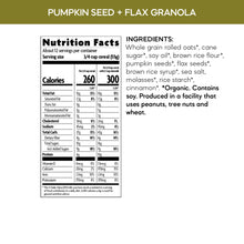 Nutrition Facts panel for pumpkin seed + flax granola, serving size and calories