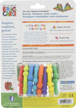 Back of package showing baby rattle teether with multicolor linked handle