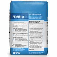 Unbleached bread flour bag back label with baking instructions, blue and white.