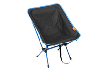 Black camping chair with mesh backrest, blue frame, and leg supports.