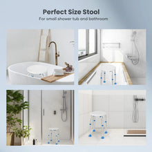 White round-seat shower stool with adjustable legs and blue anti-slip rubber feet
