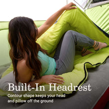 Big and tall sleeping bag with built-in headrest, lime green and navy