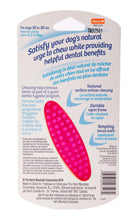 Back of dog chew bone package with pink textured chew insert shown on label.