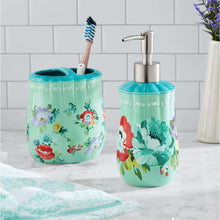 Floral teal stoneware toothbrush holder and soap dispenser pump, multi-color flowers