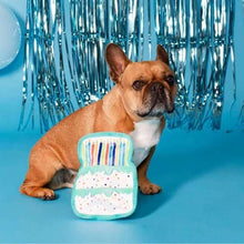 Birthday cake plush dog toy with multicolor candles and blue base