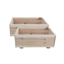 Cedar rectangle planters, two-pack, stacked empty wooden planter boxes.