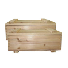 Cedar storage box with lid, wooden handle cutout on front