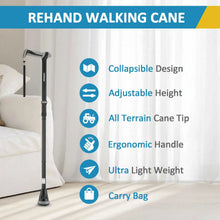 Black adjustable foldable walking cane standing with multi-section shaft and tip