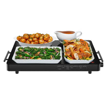 Electric warming tray with black heating plate and two filled serving dishes