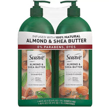 Two green pump bottles of almond and shea butter moisturizing shampoo and conditioner