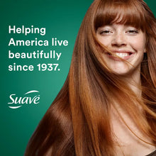 Suave haircare promotional card with smiling woman and long auburn hair
