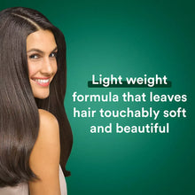 Hair care promotional card with smiling woman and long brown hair