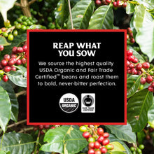 Coffee plant sourcing panel with “Reap What You Sow” and USDA Organic badge