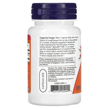 NOW Foods MK-7 Vitamin K-2 bottle back label, white bottle with dark purple cap