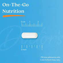 Veggie vitamin capsule with size reference scale graphic