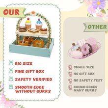 Wooden tea party play set shown on storage tray with teapot and dessert accessories