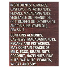 Ingredients panel for mixed nuts: almonds, cashews, pistachios, pecans, macadamia