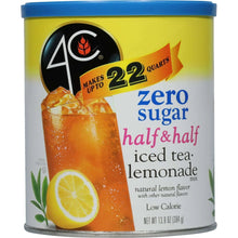 Zero sugar half-and-half iced tea lemonade mix canister, front label with lemon graphic