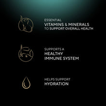 Cat food variety pack label with vitamins & minerals, immune support, and hydration icons
