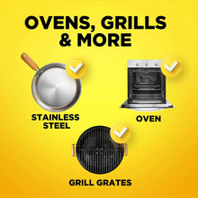 Oven cleaner promotional graphic with icons for ovens and grill grates