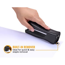 Black manual stapler held by hand, built-in staple remover shown from side