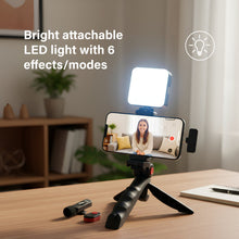 Portable LED video light kit on tripod with LED panel and smartphone mounted for recording