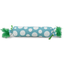 Plush fish bone kicker toy with light blue polka dot fabric and green pom pom ends