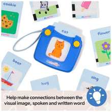 Blue talking flash card reader surrounded by colorful word picture cards
