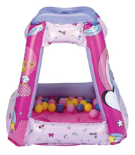 Inflatable ball pit playland with pink and lavender walls and blue floor, open front