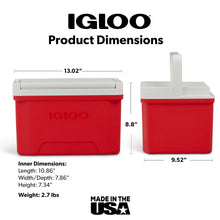 Red 9 qt cooler dimensions view, front and side profile with lid