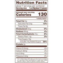 Nutrition Facts close-up showing 130 calories, fat, sugars, and protein values