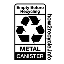 Recycling label: empty before recycling, metal canister