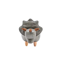 Gray dinosaur ottoman front view with stitched head and horn-like crest
