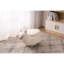 Llama-shaped plush ottoman, cream fabric with small legs and rounded seat