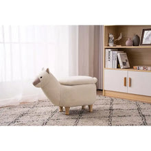 Cream plush llama ottoman, front-left angle, small hooves and curved seat.