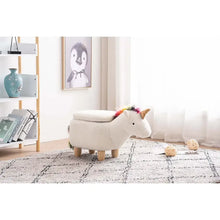 Plush unicorn ottoman with rainbow mane, cream upholstery, wooden legs, cushioned seat