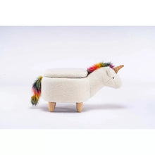 Plush unicorn ottoman side profile, cream upholstery, colorful mane and tail, wooden legs