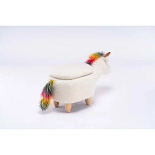 Cream plush unicorn ottoman, side profile with rainbow mane, horn, and legs