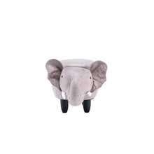 Gray plush elephant ottoman with large ears and trunk detail, front view, dark legs