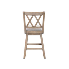 Counter barstool with X-back wooden chair back and light gray upholstered seat