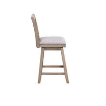 Brookline 24'' swivel barchair in light wood with gray cushion and X-back, angled view