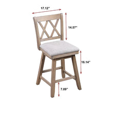 Brookline 24'' swivel barchair with light wood X-back and gray cushioned seat, size diagram