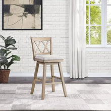 Light wood barstool with diamond X-back and gray upholstered seat