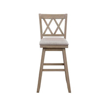 Beige wood barstool with X-back and gray upholstered seat