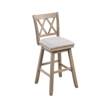 Light wood barstool with X-back and gray upholstered seat