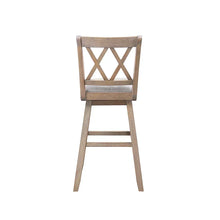Light wood barstool with cross-braced back and gray upholstered seat