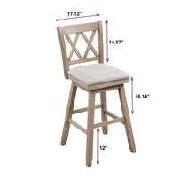 Light wood barstool with gray seat and X-back, height measurements